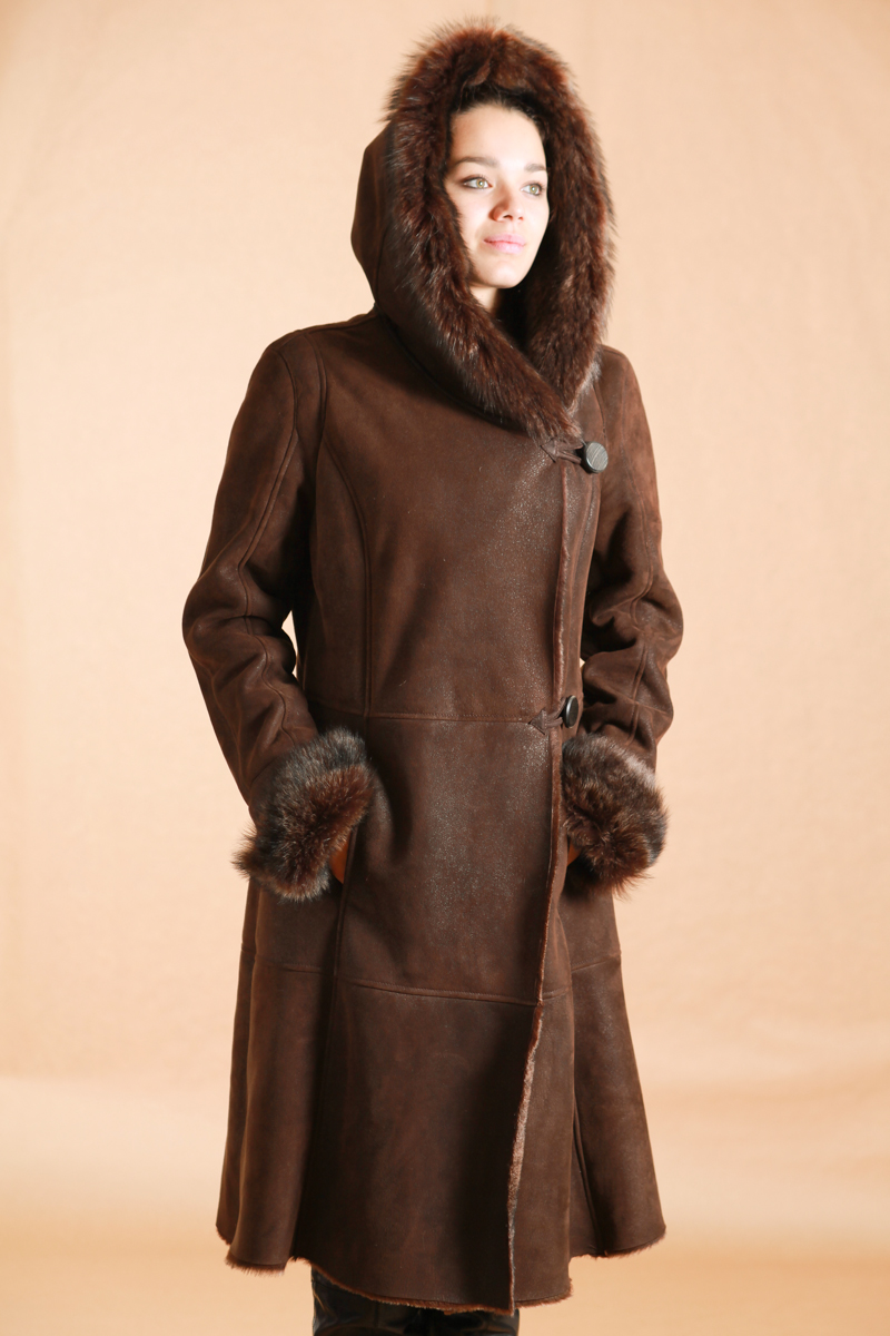 Manteau Hiver En Peau Lainée Avec Capuche - Style Renard - Taille 44 Marron - Occasion Très Bon État